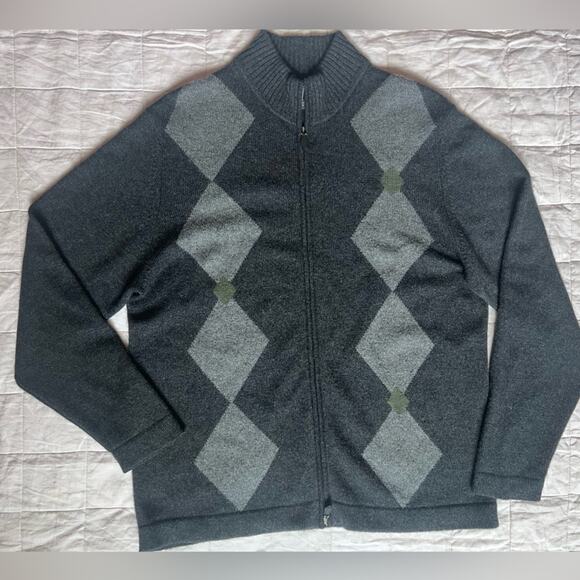 JWN Men's 100% Cashmere Gray Argyle Full Zip Cardigan Sweater Preppy Academia- L - Picture 1 of 10